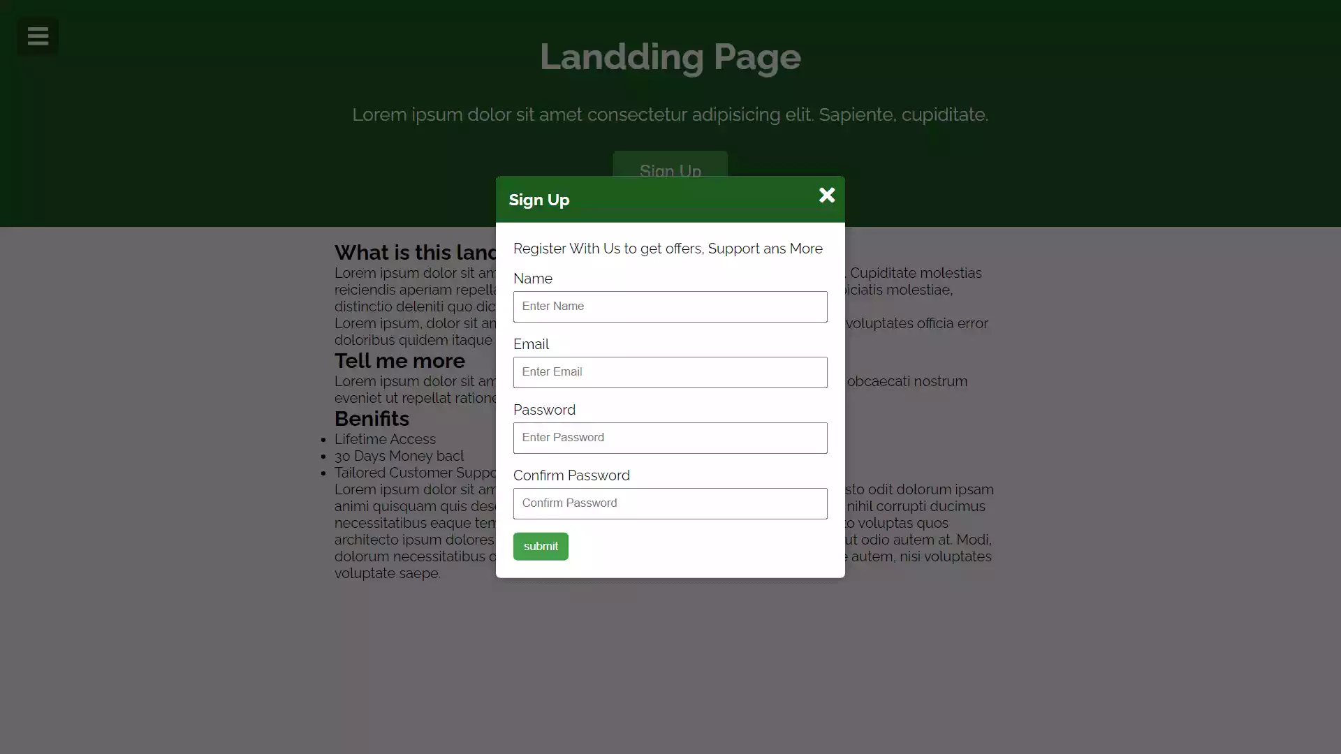 Menu Slider And Modal using HTML, CSS and JavaScript