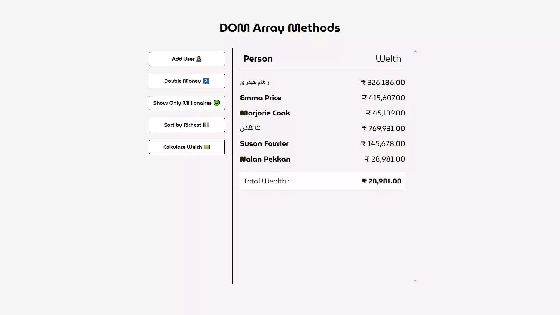 Person Money List using HTML, CSS and JavaScript